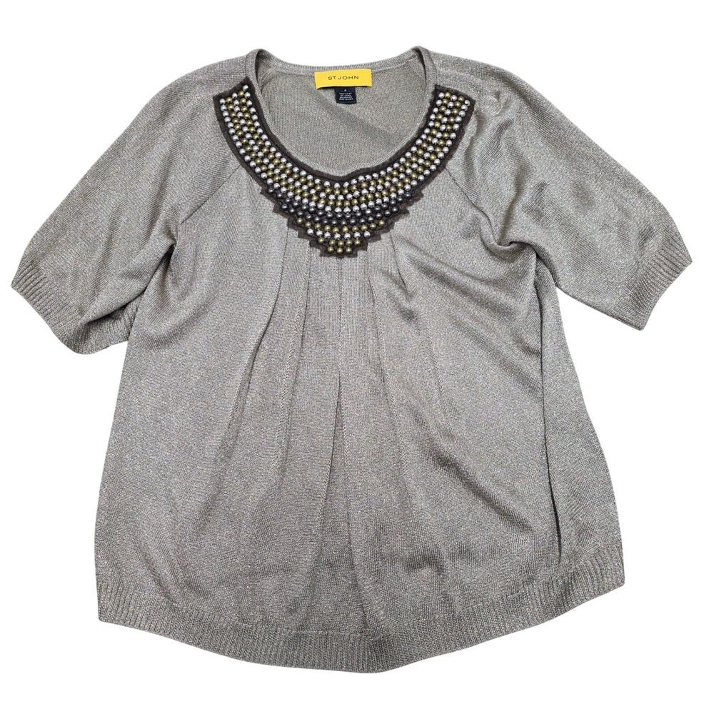 St. John Embellished Knit Top‎ Short Sleeve Gold Metallic Blouse